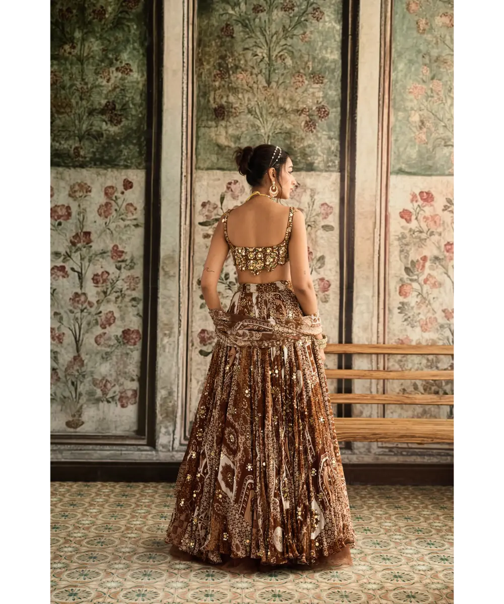 DIYARAJVVIR - Caramel Print and Highlighted Scallop Blouse Lehenga Set